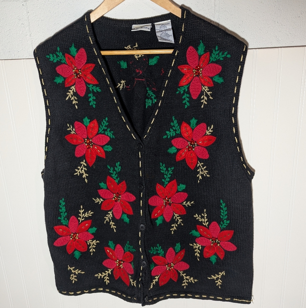 Festive Vintage Bobbie Brooks Black Vest with Red Pointsettia Embroidery